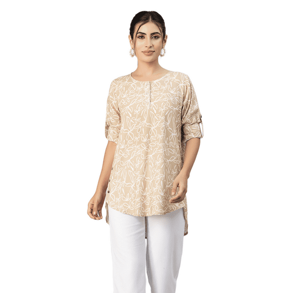 Moomaya Womens Printed Round Neck With Button Placket Long Summer Tunic Top