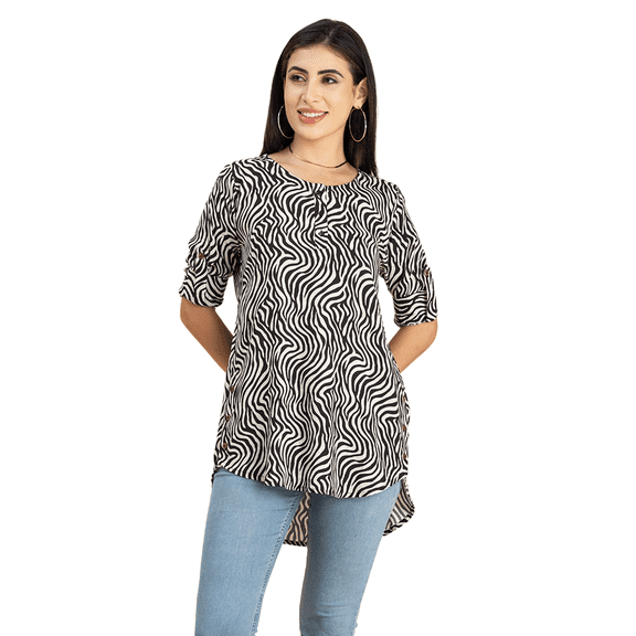 Moomaya Womens Printed Round Neck With Button Placket Long Summer Tunic Top