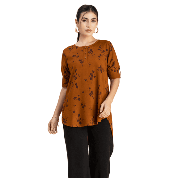 Moomaya Womens Printed Round Neck With Button Placket Long Summer Tunic Top