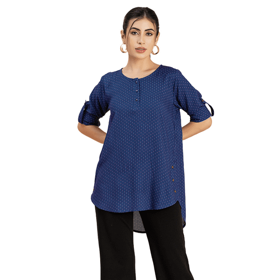 Moomaya Womens Printed Round Neck With Button Placket Long Summer Tunic Top