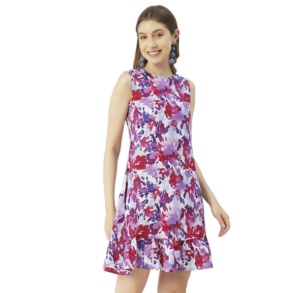 Moomaya Womens Printed Short Dress, Sleeveless Frilled Hem Round Neck Mini Dress