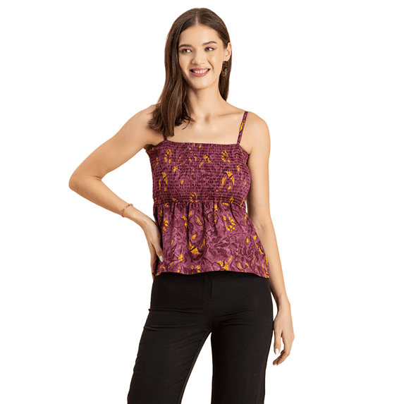 Moomaya Womens Printed Shoulder Strap Top, Square Neck, Smocked Casual Summer Cotton Top