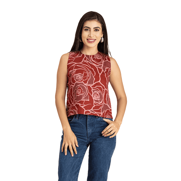 Moomaya Womens Printed Side-Buttoned Top, Sleeveless Round Neck Casual Top