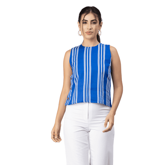 Moomaya Womens Printed Side-Buttoned Top, Sleeveless Round Neck Casual Top