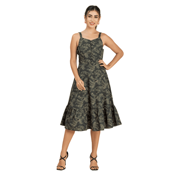 Moomaya Womens Printed Sleeveless Dress, Knee Length Cotton Dress