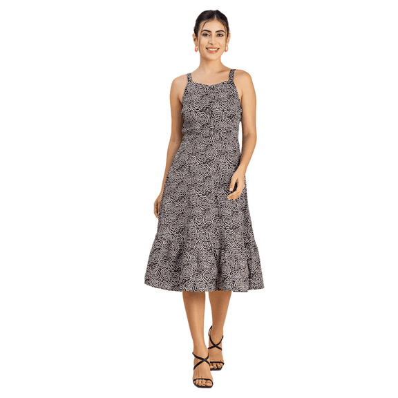 Moomaya Womens Printed Sleeveless Dress, Knee Length Cotton Dress