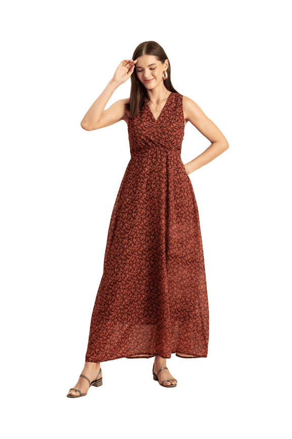 Womens Printed Sleeveless Maxi Dress, V-Neck Party wear, Flared Resort Dress