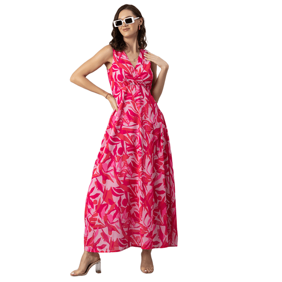 Moomaya Womens Printed Sleeveless Maxi Dress, V-Neck Party wear, Flared Resort Dress