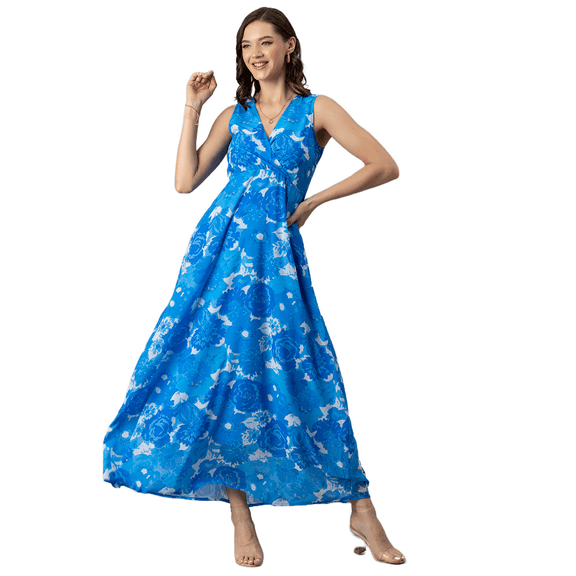 Moomaya Womens Printed Sleeveless Maxi Dress, V-Neck Party wear, Flared Resort Dress