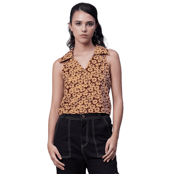 Moomaya Womens Printed Sleeveless Top, Collared Casual Summer Top