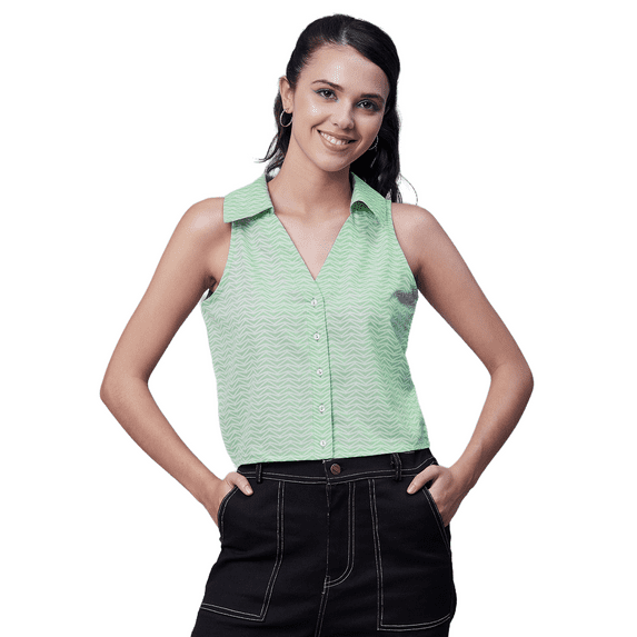 Moomaya Womens Printed Sleeveless Top, Collared Casual Summer Top