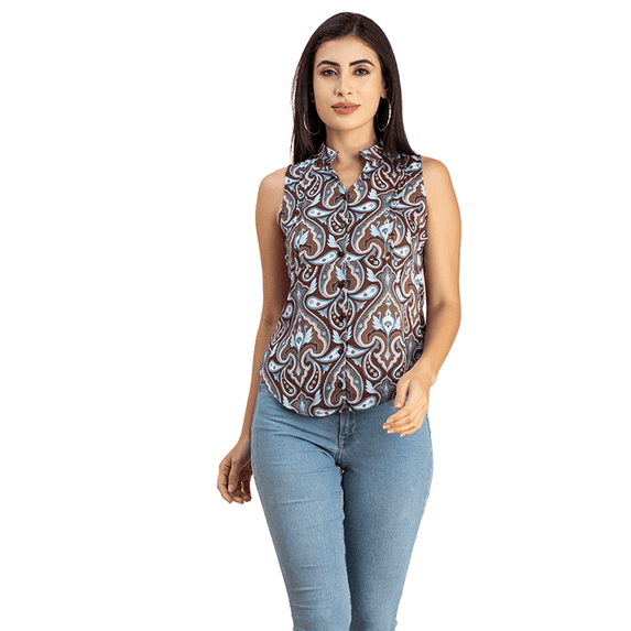 Moomaya Womens Printed Sleeveless Top, Mandarin Collar Shirt Top