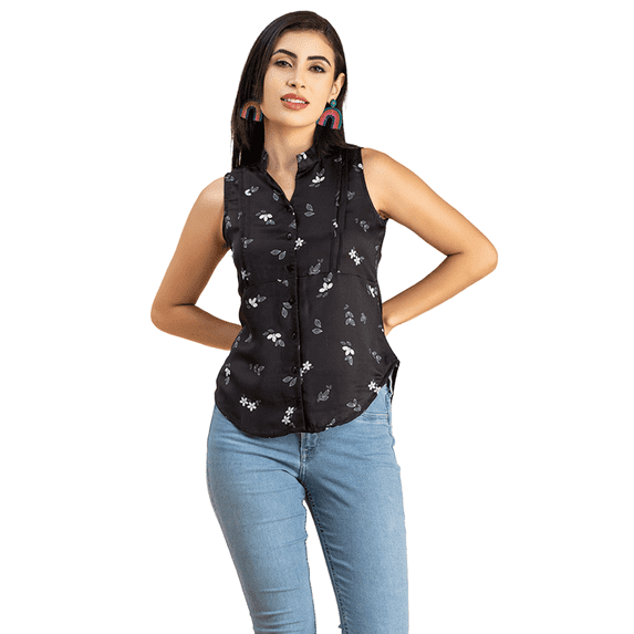Moomaya Womens Printed Sleeveless Top, Mandarin Collar Shirt Top