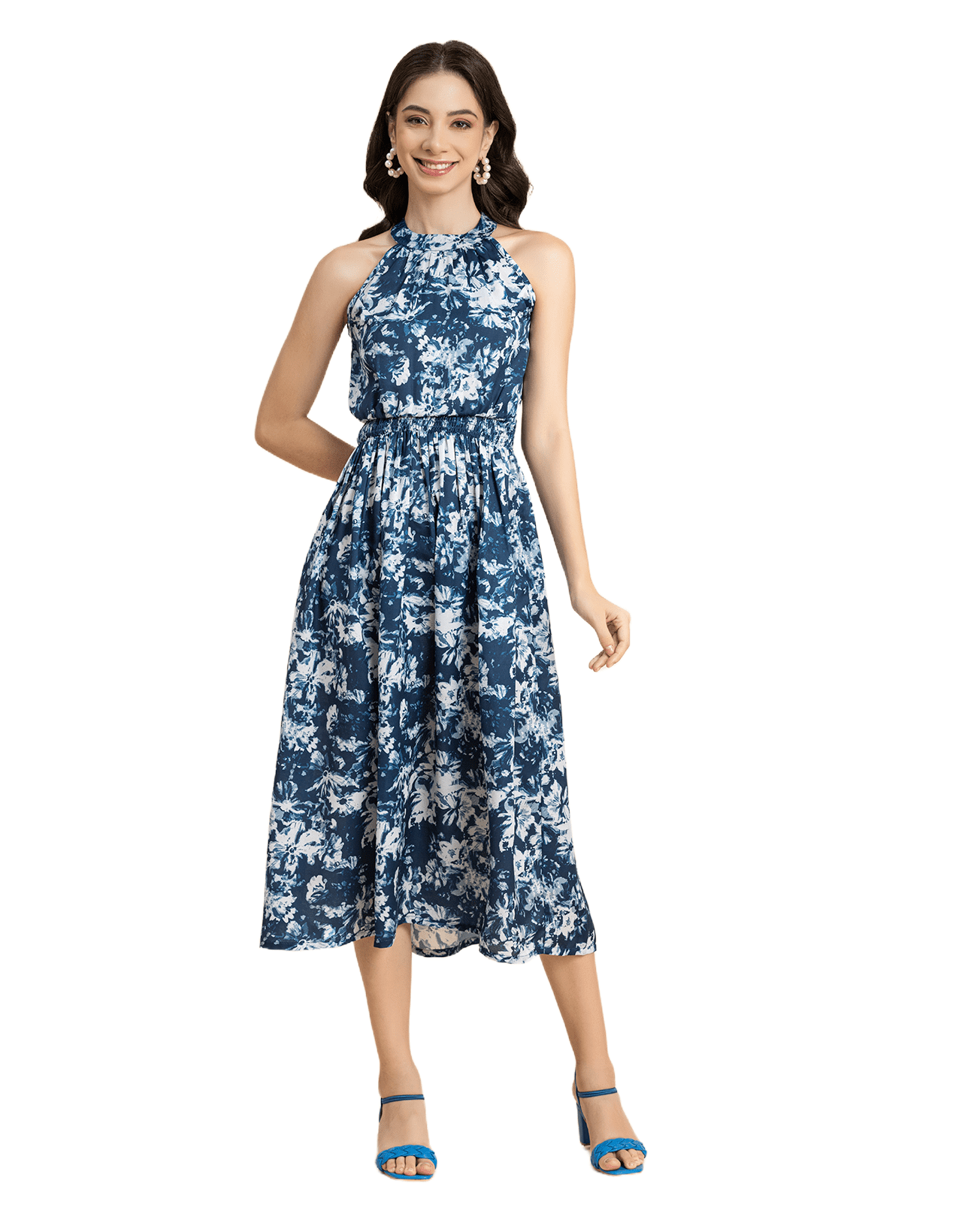 Moomaya Womens Printed Smocked Dress, Halter Neck Sleeveless Midi Gown, Women's, Size: XL, Blue