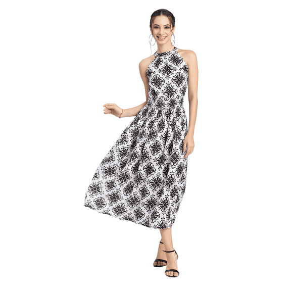 Moomaya Womens Printed Smocked Dress, Halter Neck Sleeveless Midi Gown