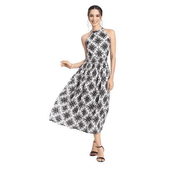 Moomaya Womens Printed Smocked Dress, Halter Neck Sleeveless Midi Gown