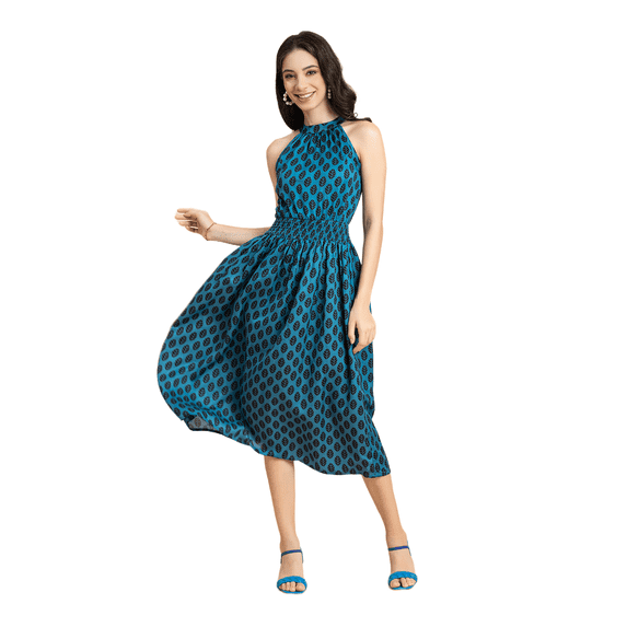 Moomaya Womens Printed Smocked Dress, Halter Neck Sleeveless Midi Gown