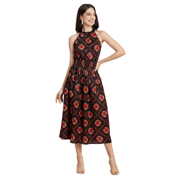 Moomaya Womens Printed Smocked Dress, Halter Neck Sleeveless Midi Gown