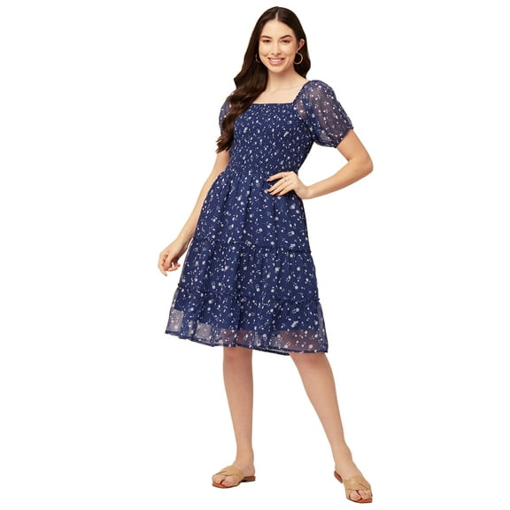 Moomaya Womens Printed Smocked Dress Knee Length Summer Dress