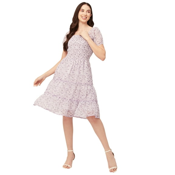 Moomaya Womens Printed Smocked Dress Knee Length Summer Dress