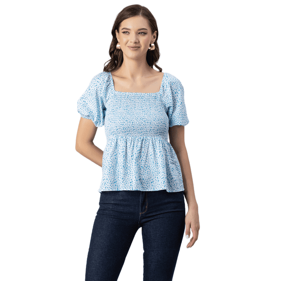 Moomaya Womens Printed Smocked Top, Puff Elbow Sleeves, Square Neck Top