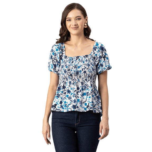 Moomaya Womens Printed Smocked Top, Puff Elbow Sleeves, Square Neck Top