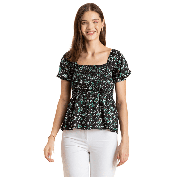 Moomaya Womens Printed Smocked Top, Puff Elbow Sleeves, Square Neck Top