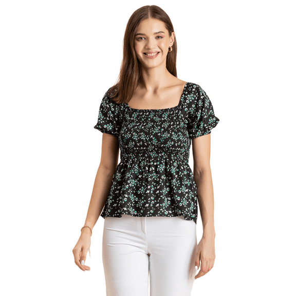 Moomaya Womens Printed Smocked Top, Puff Elbow Sleeves, Square Neck Top