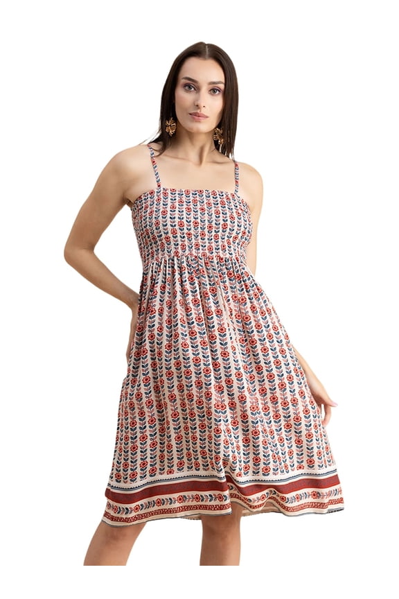 Womens Printed Smocked Viscose Dress, Knee Length, Spaghetti Strap Midi Dress