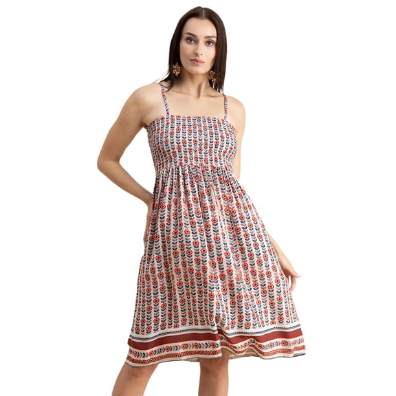 Moomaya Womens Printed Smocked Viscose Dress, Knee Length, Spaghetti Strap Midi Dress