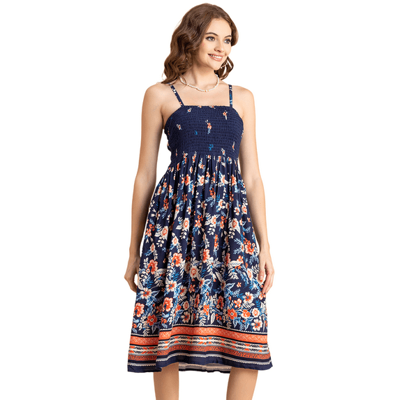 Moomaya Womens Printed Smocked Viscose Dress, Knee Length, Spaghetti Strap Midi Dress