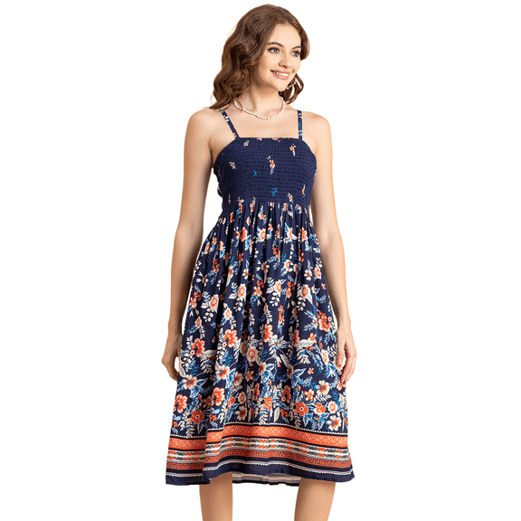 Moomaya Womens Printed Smocked Viscose Dress, Knee Length, Spaghetti Strap Midi Dress
