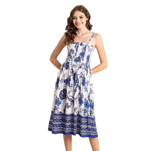 Moomaya Womens Printed Smocked Viscose Dress, Knee Length, Spaghetti Strap Midi Dress