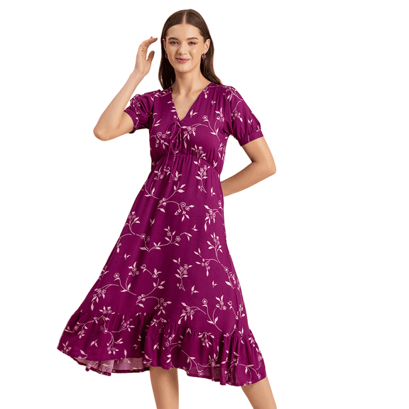 Moomaya Womens Printed Summer Dress, V-Neck Ruffled Viscose Midi Dress, Sundress