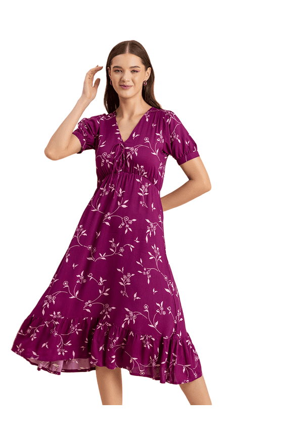 Womens Printed Summer Dress, V-Neck Ruffled Viscose Midi Dress, Sundress