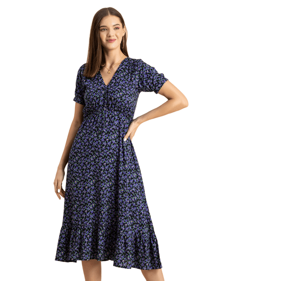 Moomaya Womens Printed Summer Dress, V-Neck Ruffled Viscose Midi Dress, Sundress