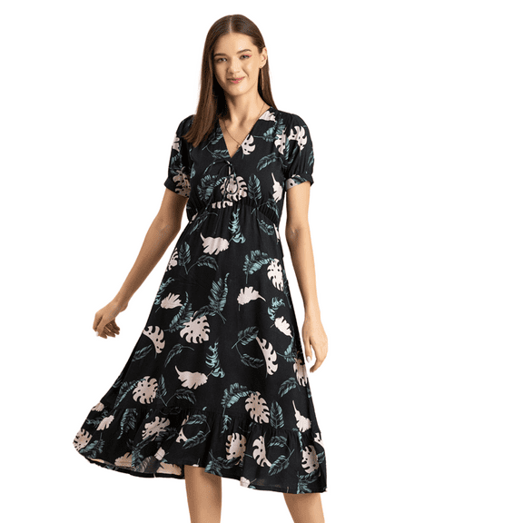 Moomaya Womens Printed Summer Dress, V-Neck Ruffled Viscose Midi Dress, Sundress