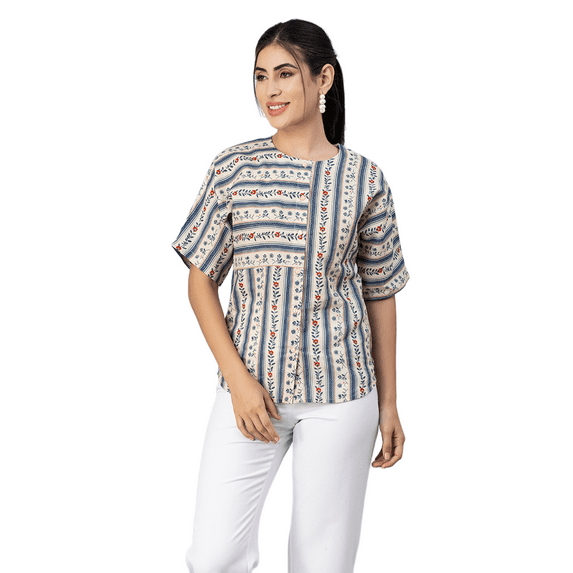 Moomaya Womens Printed Summer Top, Button Down Cotton Shirt Top