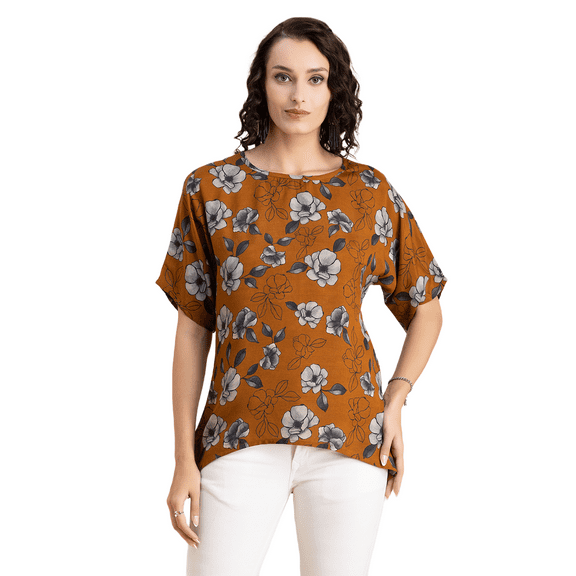Moomaya Womens Printed Summer Tunic Top, Round Neck, Elbow, Loose-Fit Casual Top