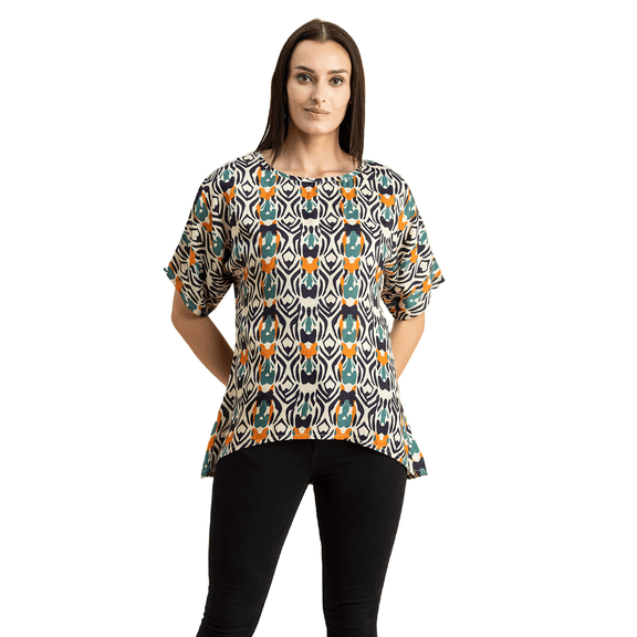 Moomaya Womens Printed Summer Tunic Top, Round Neck, Elbow, Loose-Fit Casual Top