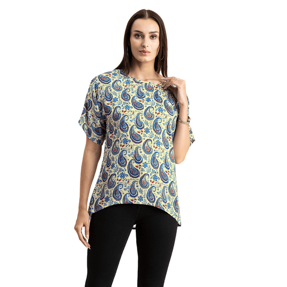 Moomaya Womens Printed Summer Tunic Top, Round Neck, Elbow, Loose-Fit Casual Top