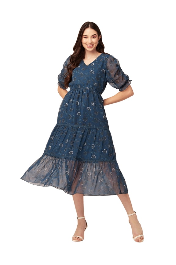 Womens Printed Tiered Dress V Neck Elbow Sleeves Poly Georgette Dress