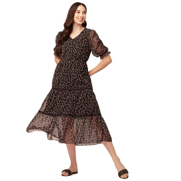 Moomaya Womens Printed Tiered Dress V Neck Elbow Sleeves Poly Georgette Dress