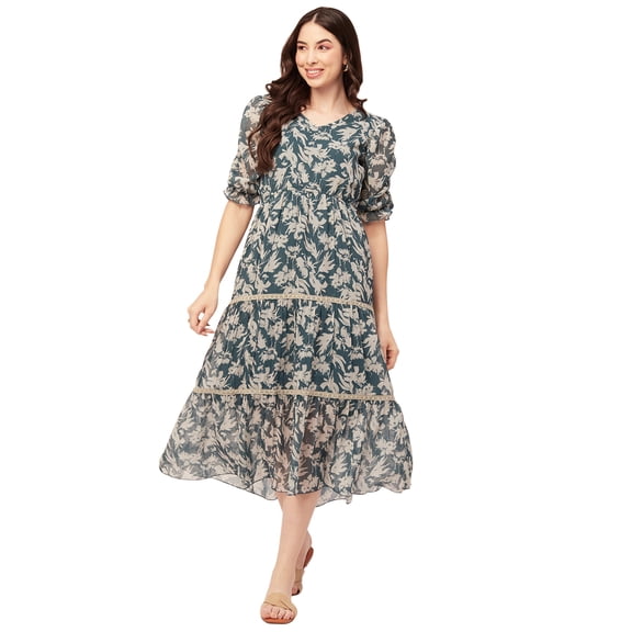 Moomaya Womens Printed Tiered Dress V Neck Elbow Sleeves Poly Georgette Dress