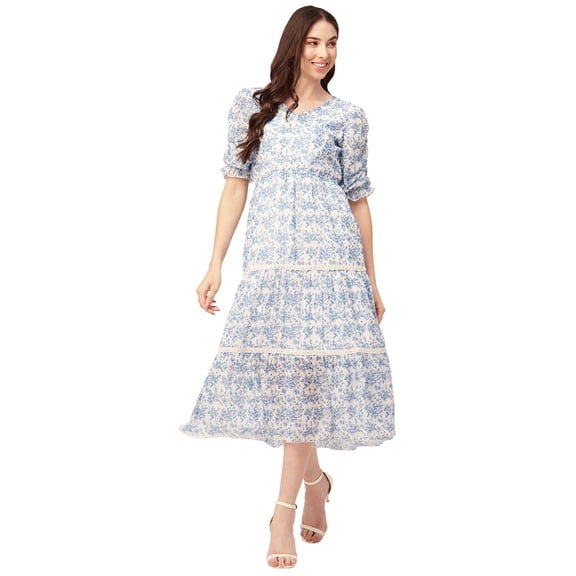 Moomaya Womens Printed Tiered Dress V Neck Elbow Sleeves Poly Georgette Dress