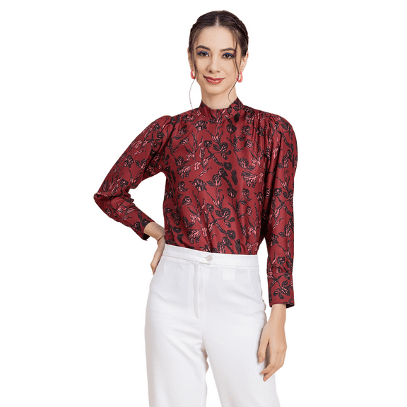 Moomaya Womens Printed Top, Ban Collar Long Cuff Sleeves Top