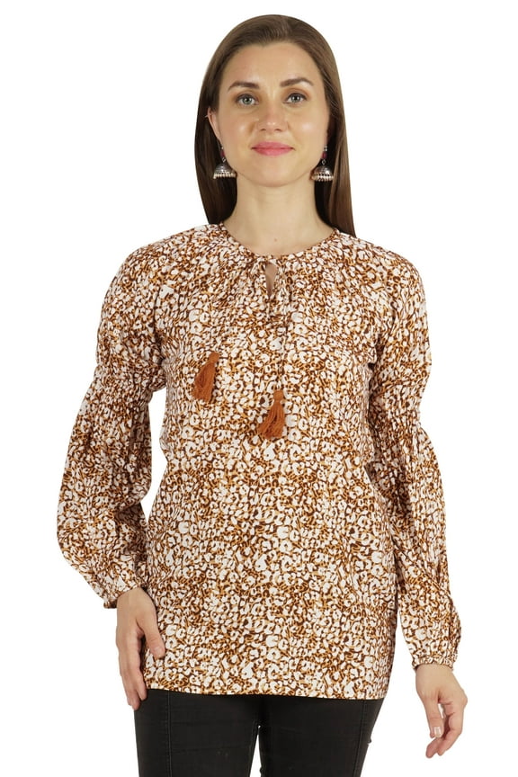 Womens Printed Top Long Sleeve Ethnic Indian Cotton Tunic Shirt