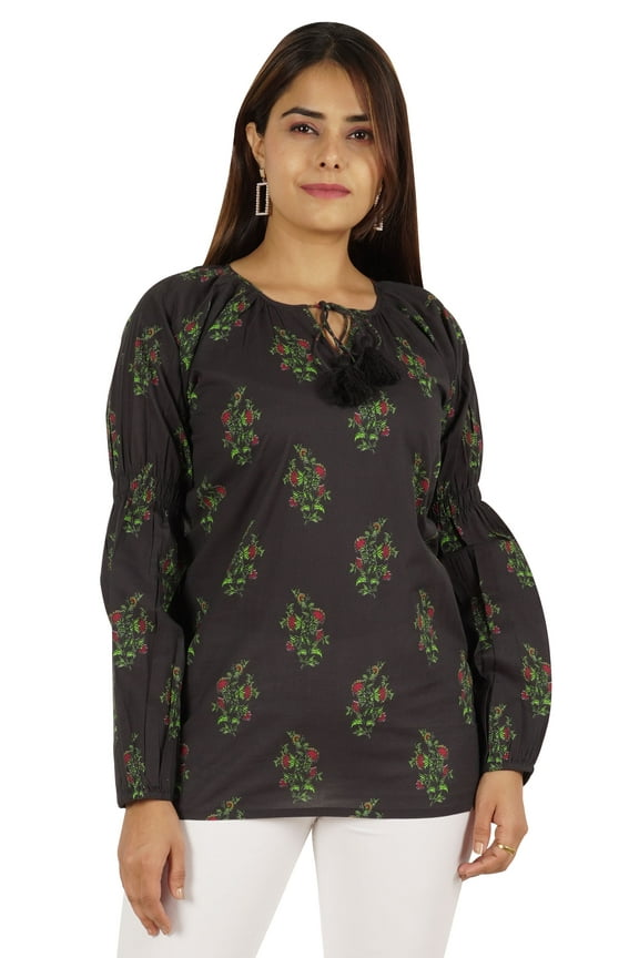Womens Printed Top Long Sleeve Ethnic Indian Cotton Tunic Shirt