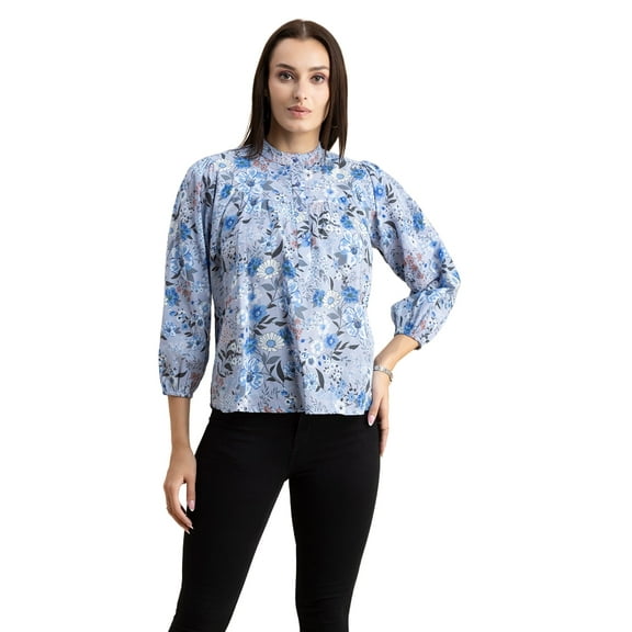 Moomaya Womens Printed Top, Mandarin Collar, Cotton Shirt Top