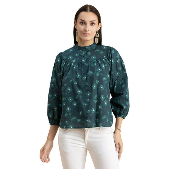 Moomaya Womens Printed Top, Mandarin Collar, Cotton Shirt Top